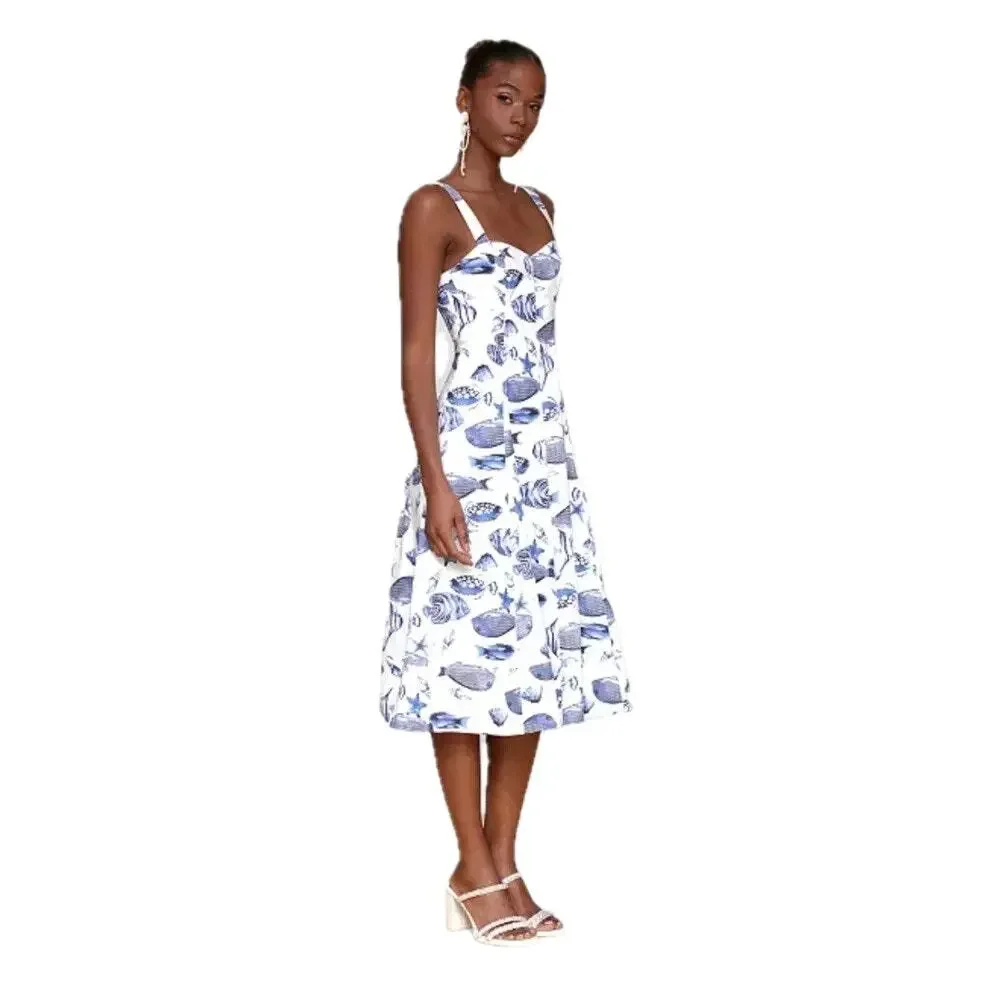 Avec Les Filles Marina Dress Midi Fish Ocean Print Blue White Size 6 - Picture 14 of 14